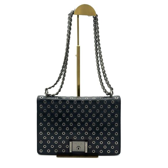 Prada Black Leather Grommet Flap Shoulder Bag*EXCELLENT w/COA Dustbag - Picture 1 of 16
